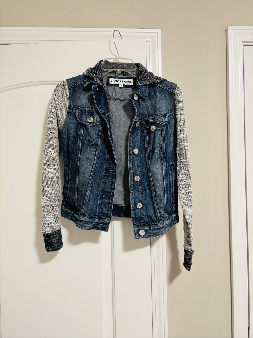 EXPRESS JEANS, Mixed Denim Jacket with Knit Sleeves, Size XS